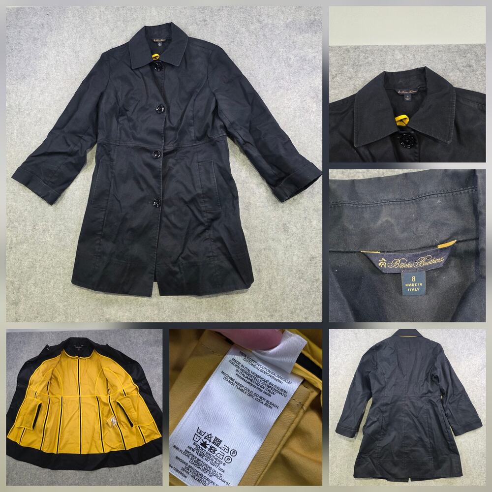 Brooks Brothers‎ Trench Coat Womens 8 Black Cotton Twill Lined Italy Waterproof